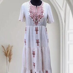 Soft Surroundings Bellmore Cotton Gauze Maxi Dress Women's M Embroidered Beaded